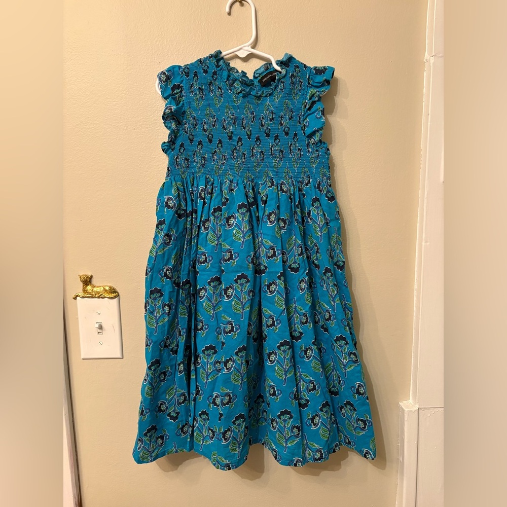 French Connection Smocked Floral Blue Green Flutter Sleeve Dress Girls Size 7/8 - Picture 8 of 8